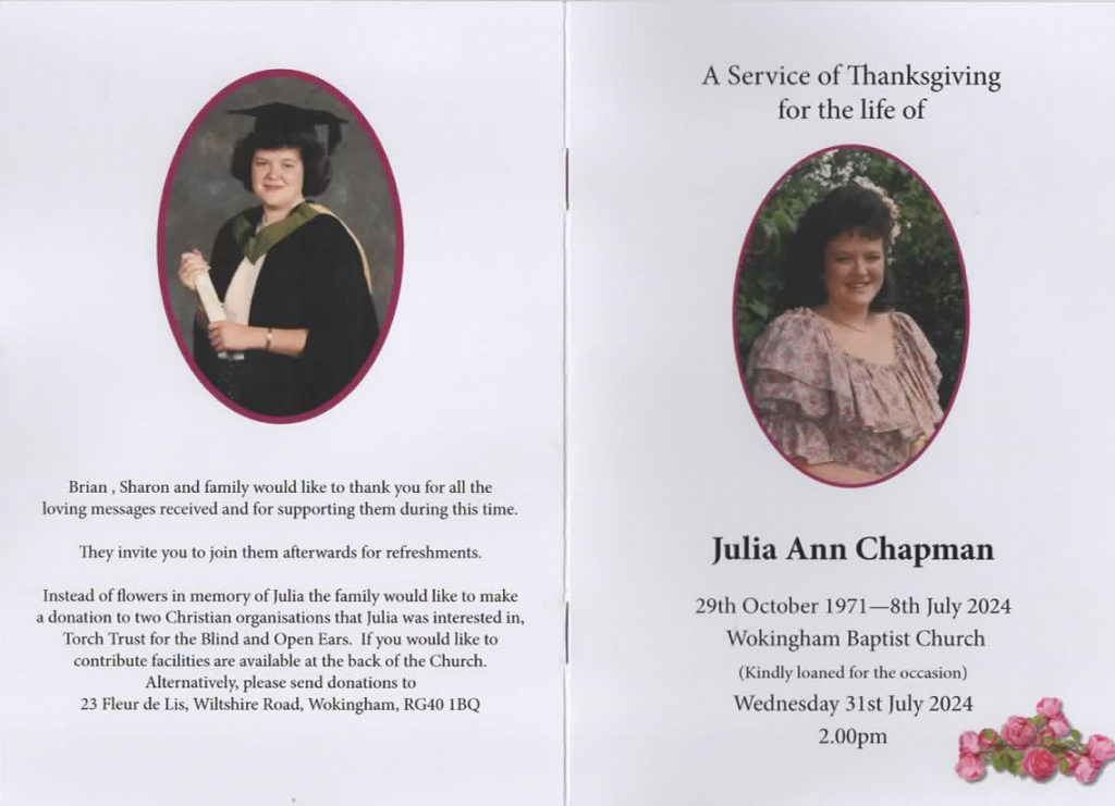 A photo of the front and back pages of the order of service for Julia's service of thanksgiving. The front has a photo of Julia in a floral top, the back has a photo of Julia at her graduation in her cap and gown.
